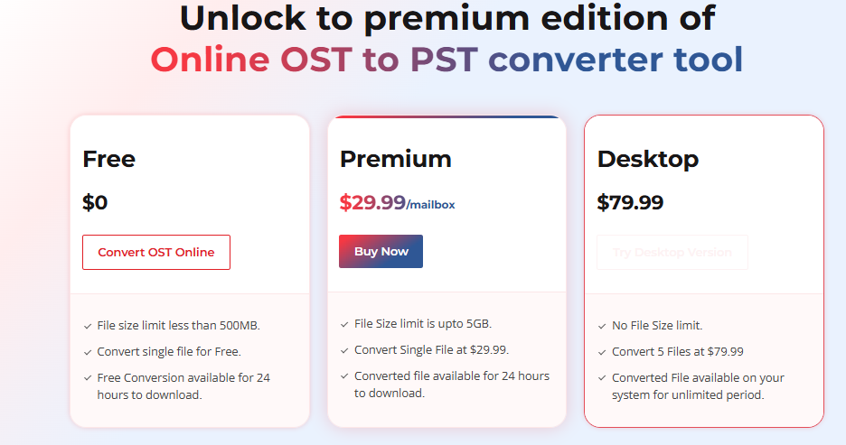 Pricing plans of online OST to PST converter Tool