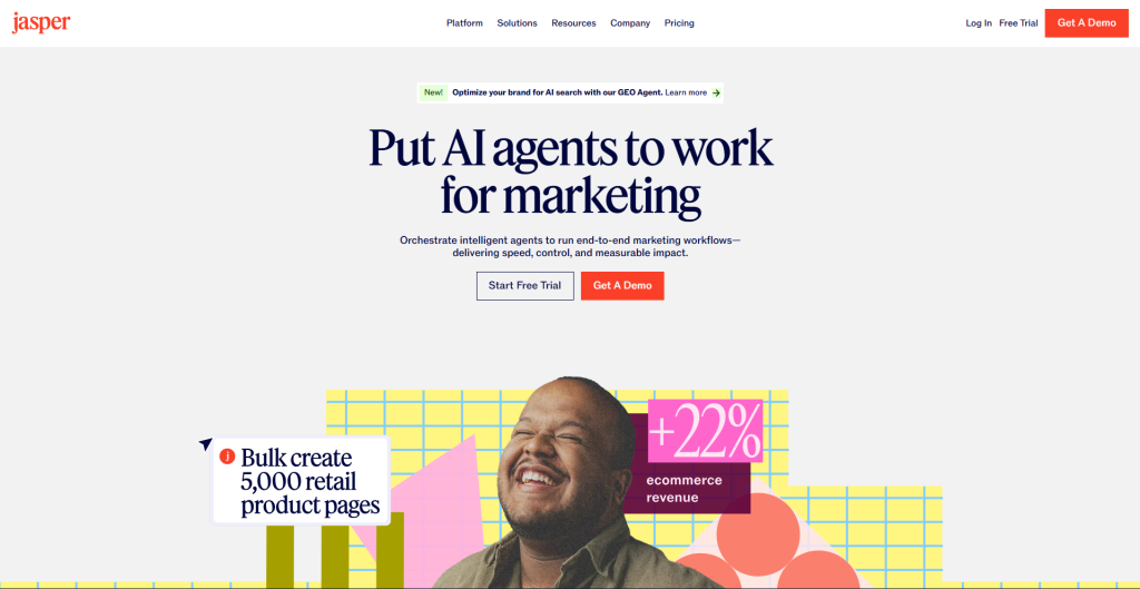 Screenshot of Jasper AI homepage
