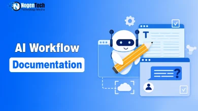 AI Workflow Documentation illustration showing an AI assistant automating business workflows and digital process documentation.