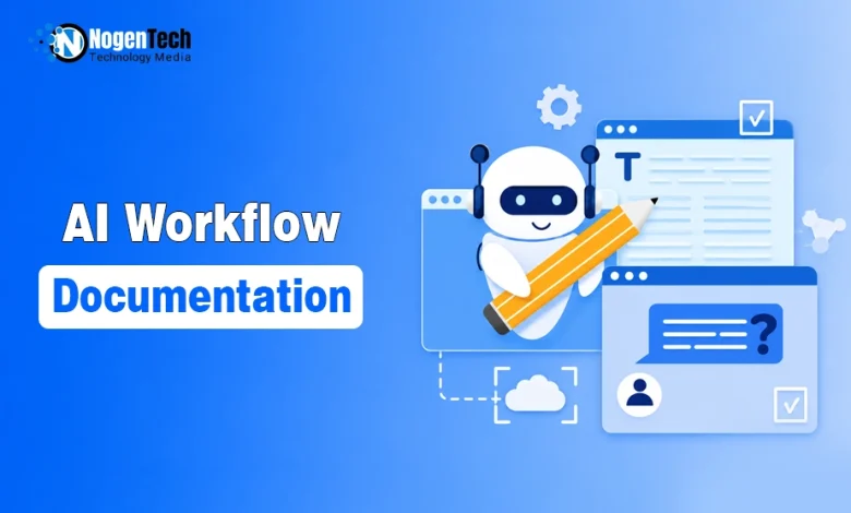 AI Workflow Documentation illustration showing an AI assistant automating business workflows and digital process documentation.