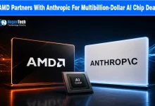 AMD logo and Anthropic logo displayed on illuminated screens beside an AI microchip.