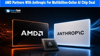 AMD logo and Anthropic logo displayed on illuminated screens beside an AI microchip.