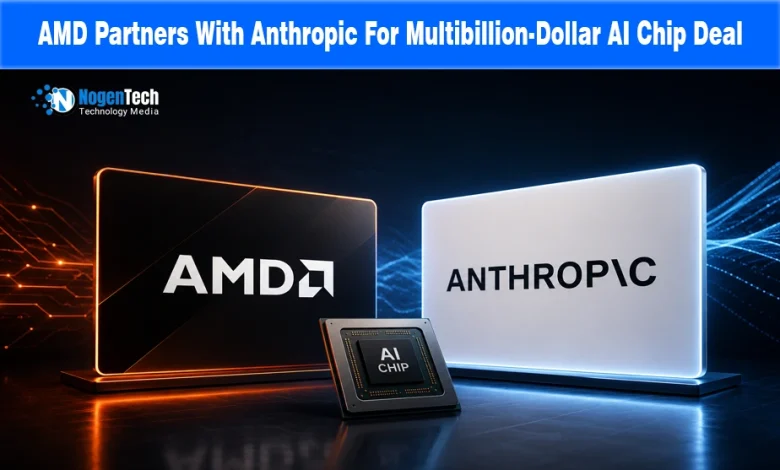 AMD logo and Anthropic logo displayed on illuminated screens beside an AI microchip.