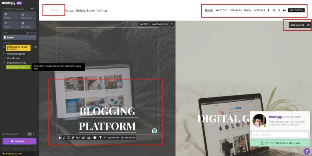 Adding website features in website created by Strikingly