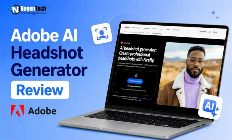 Adobe AI headshot generator interface review banner for NogenTech.
