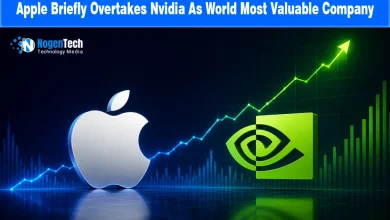 Financial graphic showing Apple overtaking Nvidia as the world's most valuable company.