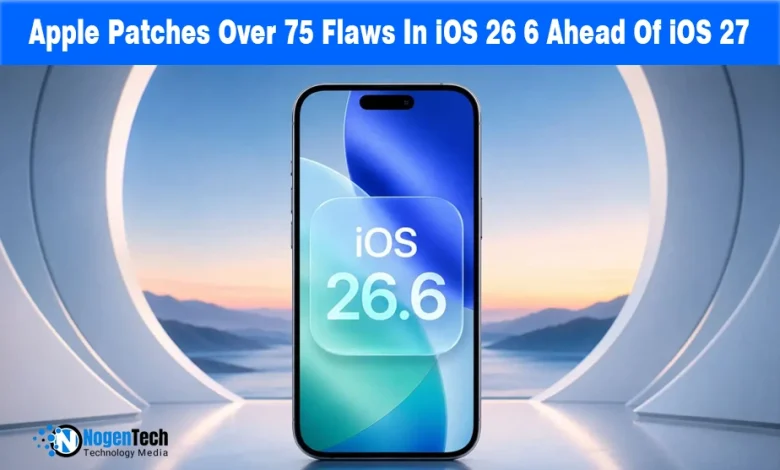 iPhone displaying iOS 26.6 on screen inside a circular frame.