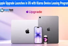 Apple Upgrade logo above a MacBook, iPad, iPhone, and Apple Watch on a pastel background.