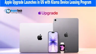 Apple Upgrade logo above a MacBook, iPad, iPhone, and Apple Watch on a pastel background.