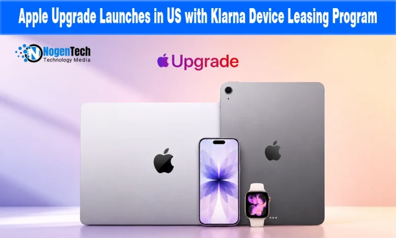 Apple Upgrade logo above a MacBook, iPad, iPhone, and Apple Watch on a pastel background.