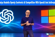 Microsoft CEO Satya Nadella on stage beside OpenAI and Microsoft logos.