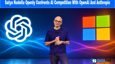 Microsoft CEO Satya Nadella on stage beside OpenAI and Microsoft logos.