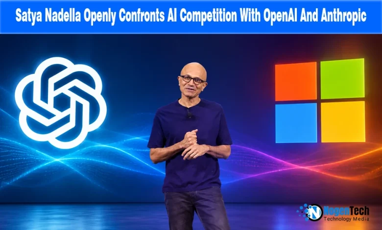 Microsoft CEO Satya Nadella on stage beside OpenAI and Microsoft logos.