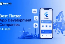 Illustration showcasing the best Flutter app development companies in Europe for 2026 with Flutter logo and mobile app development elements.