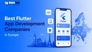 Illustration showcasing the best Flutter app development companies in Europe for 2026 with Flutter logo and mobile app development elements.