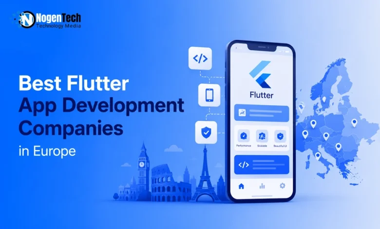 Illustration showcasing the best Flutter app development companies in Europe for 2026 with Flutter logo and mobile app development elements.