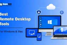 Illustration comparing the best remote desktop tools for Windows and Mac, including Microsoft Remote Desktop, AnyDesk, TeamViewer, UltraViewer, Apple Remote Desktop, Screens, and Jump Desktop.