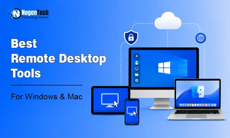 Illustration comparing the best remote desktop tools for Windows and Mac, including Microsoft Remote Desktop, AnyDesk, TeamViewer, UltraViewer, Apple Remote Desktop, Screens, and Jump Desktop.