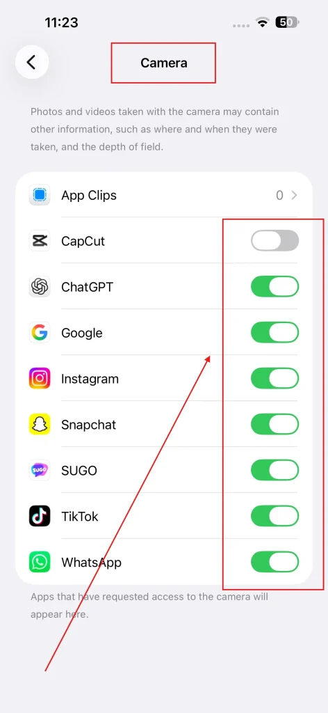 Screenshot of iPhone's Camera Access Settings by NogenTech