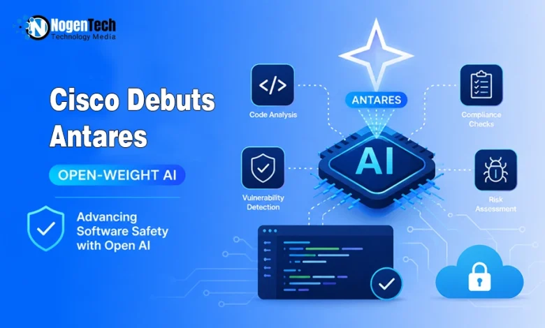 Blue vector graphic displaying the Cisco Antares AI microchip linked to code analysis and vulnerability detection icons.