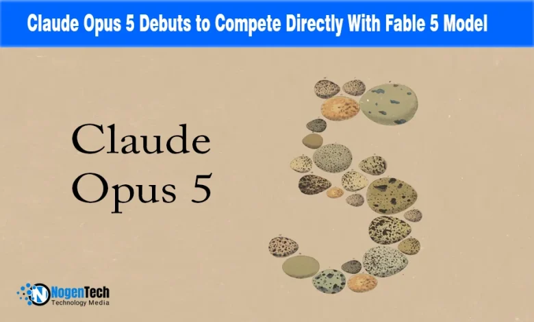 Text reading Claude Opus 5 next to a stylized letter S formed by speckled bird eggs.