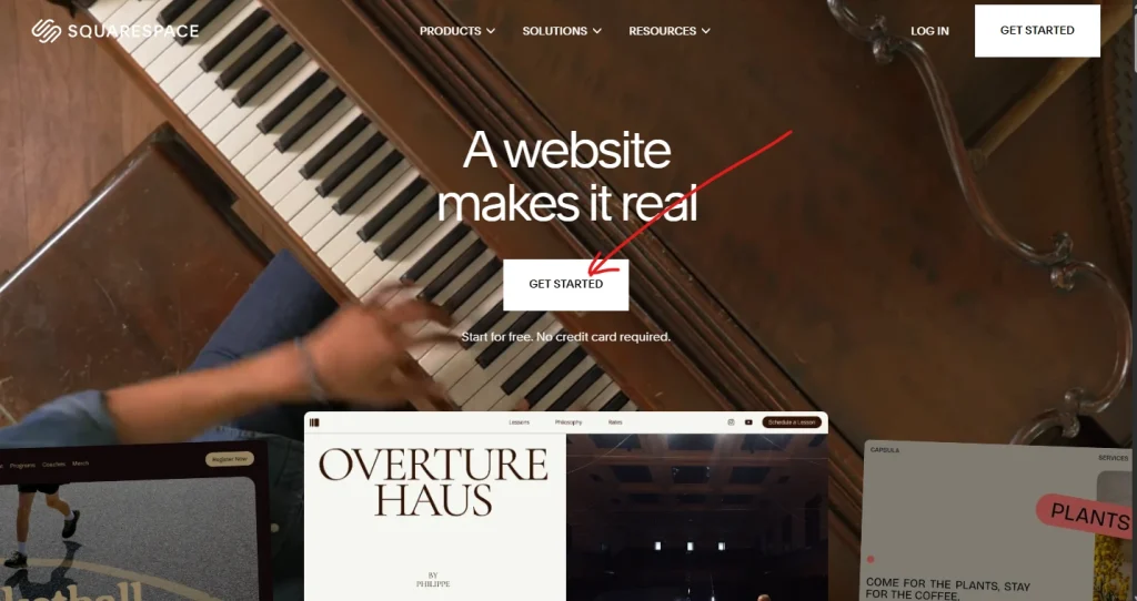 screenshot of showing get started button on Squarespce website