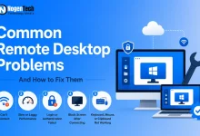 Common remote desktop problems and fixes infographic banner for NogenTech. Also give the focus keyword for this and the slug.  Please make all these short. The website is nogentech.org