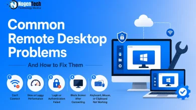 Common remote desktop problems and fixes infographic banner for NogenTech. Also give the focus keyword for this and the slug.  Please make all these short. The website is nogentech.org