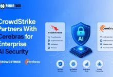 CrowdStrike and Cerebras partnership graphics with an AI security shield diagram.