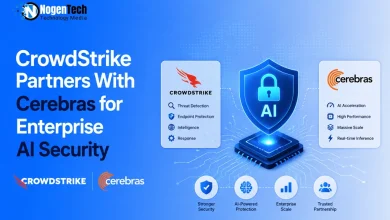 CrowdStrike and Cerebras partnership graphics with an AI security shield diagram.