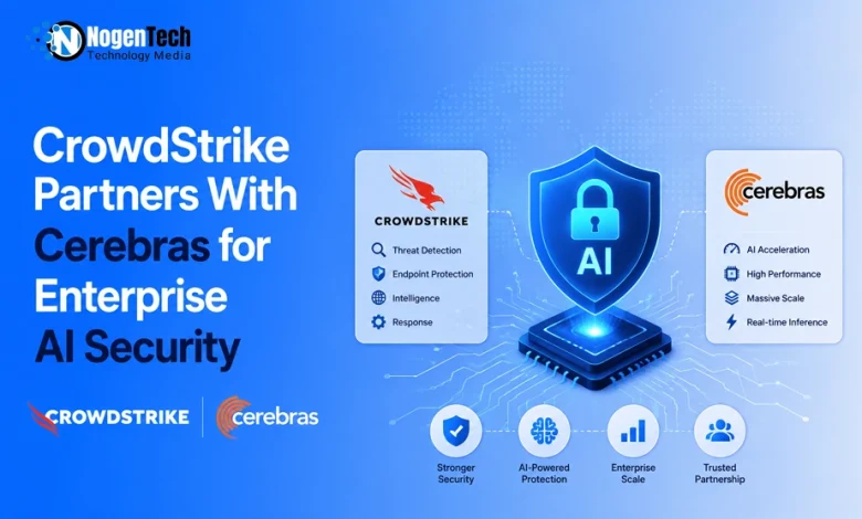 CrowdStrike and Cerebras partnership graphics with an AI security shield diagram.