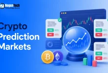Infographic banner about crypto prediction markets with a crystal ball and market charts.