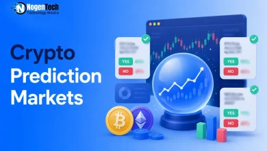 Infographic banner about crypto prediction markets with a crystal ball and market charts.