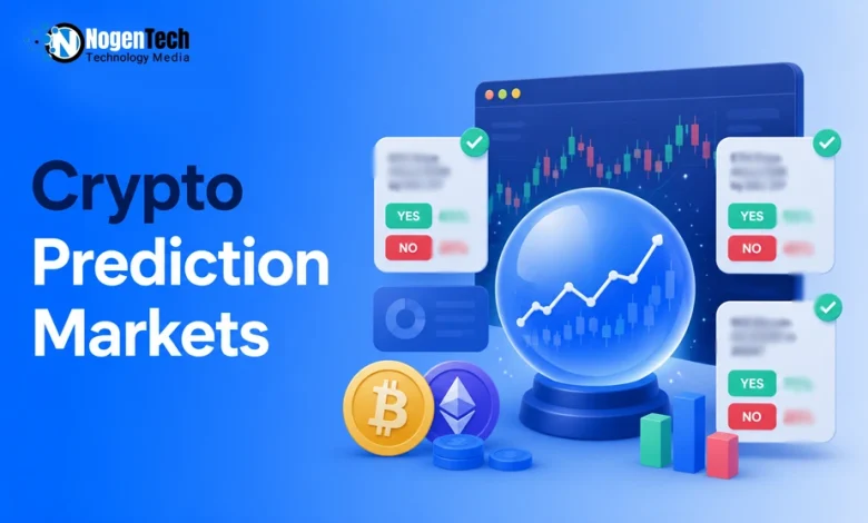 Infographic banner about crypto prediction markets with a crystal ball and market charts.