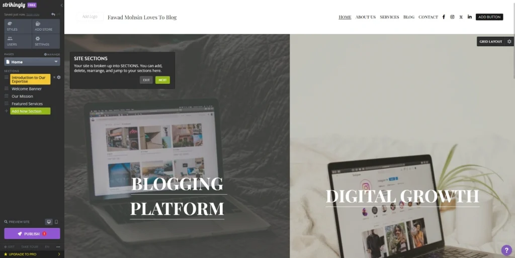Customizing website on strikingly website builder