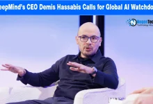 Demis Hassabis speaking at an event under a NogenTech news header.