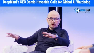 Demis Hassabis speaking at an event under a NogenTech news header.