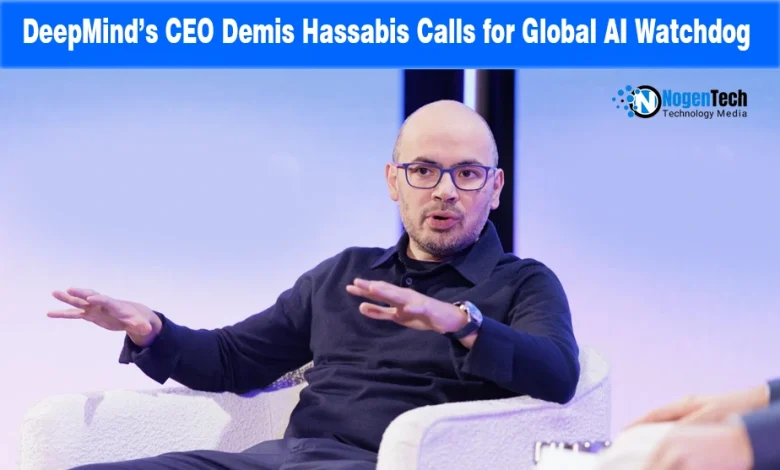 Demis Hassabis speaking at an event under a NogenTech news header.