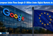 Large Google logo on a modern corporate glass building standing next to a flying European Union flag.