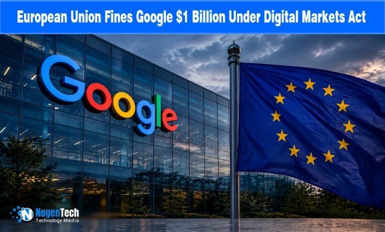 Large Google logo on a modern corporate glass building standing next to a flying European Union flag.