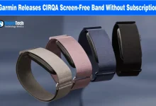 Four Garmin CIRQA screen-free smart bands lined up in various fabric strap colors.