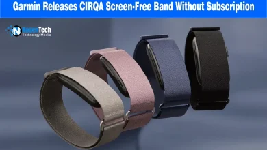 Four Garmin CIRQA screen-free smart bands lined up in various fabric strap colors.