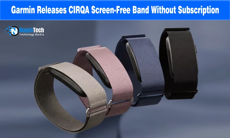 Four Garmin CIRQA screen-free smart bands lined up in various fabric strap colors.