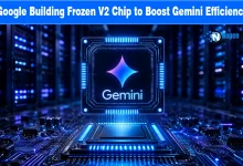 Graphic showing Google's Frozen v2 chip processor in a glowing data center rack.