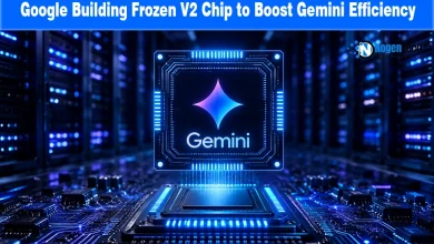 Graphic showing Google's Frozen v2 chip processor in a glowing data center rack.