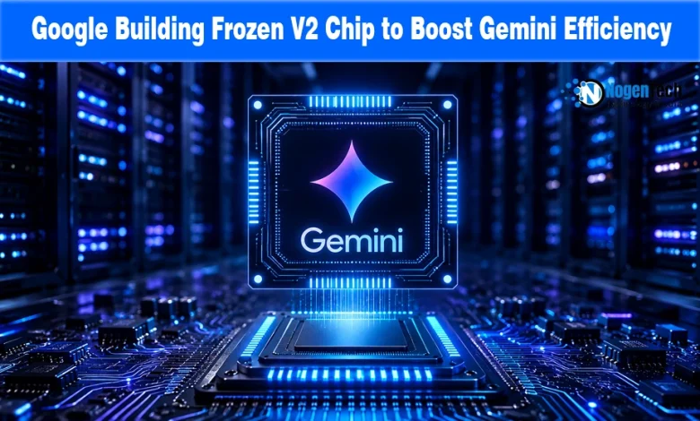 Graphic showing Google's Frozen v2 chip processor in a glowing data center rack.