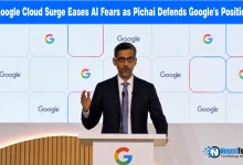 Sundar Pichai speaking at a podium against a white Google logo background.