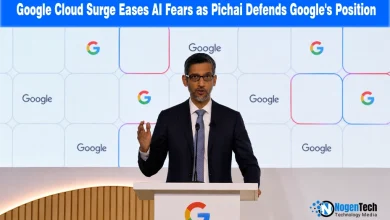 Sundar Pichai speaking at a podium against a white Google logo background.