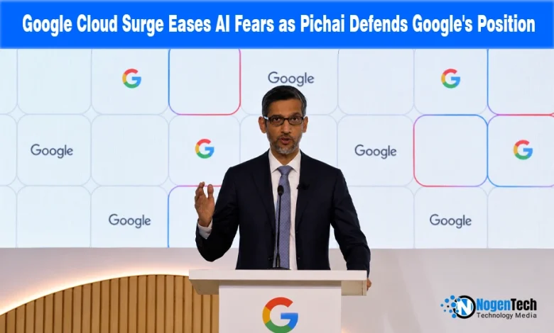 Sundar Pichai speaking at a podium against a white Google logo background.