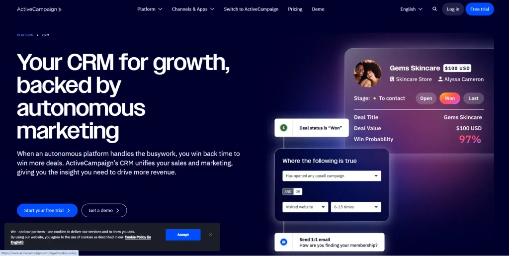 Home page screenshot of ActiveCampaign by NogenTech